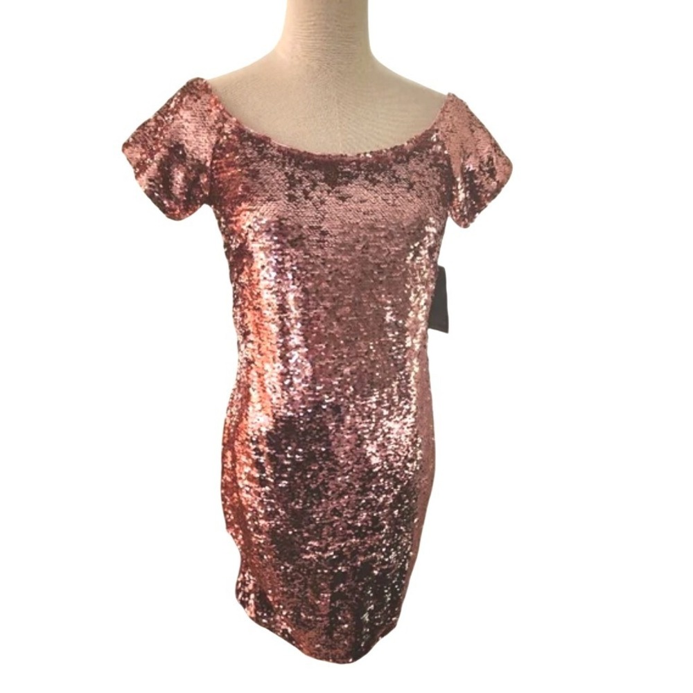 Aidan Mattox Rose Gold Sequin Off Shoulder Short Sleeve Cocktail Dress 4 NWT‎
